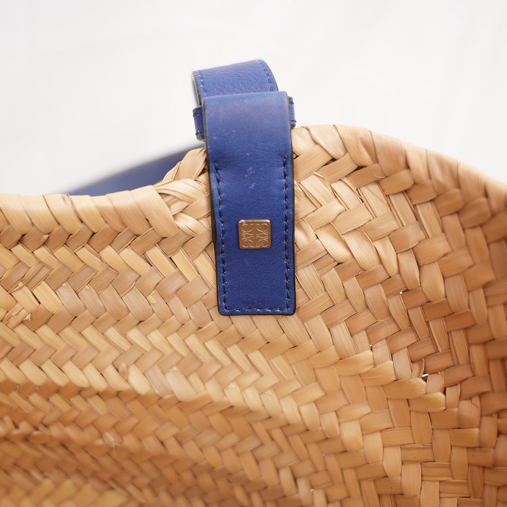 Loewe Small Raffia Basket Tote Bag in Natural with Blue Leather Handles