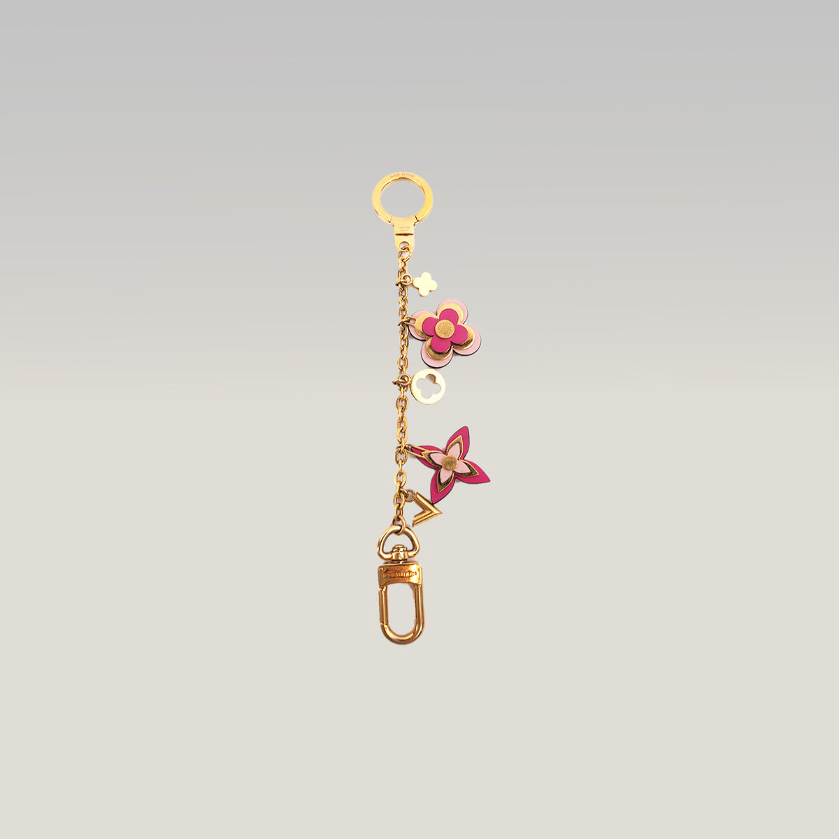 Louis Vuitton Blooming Flowers M67288 Charm per Borsa e Portachiavi in Metallo Dorato con Fiori Monogram Rosa e Fucsia
