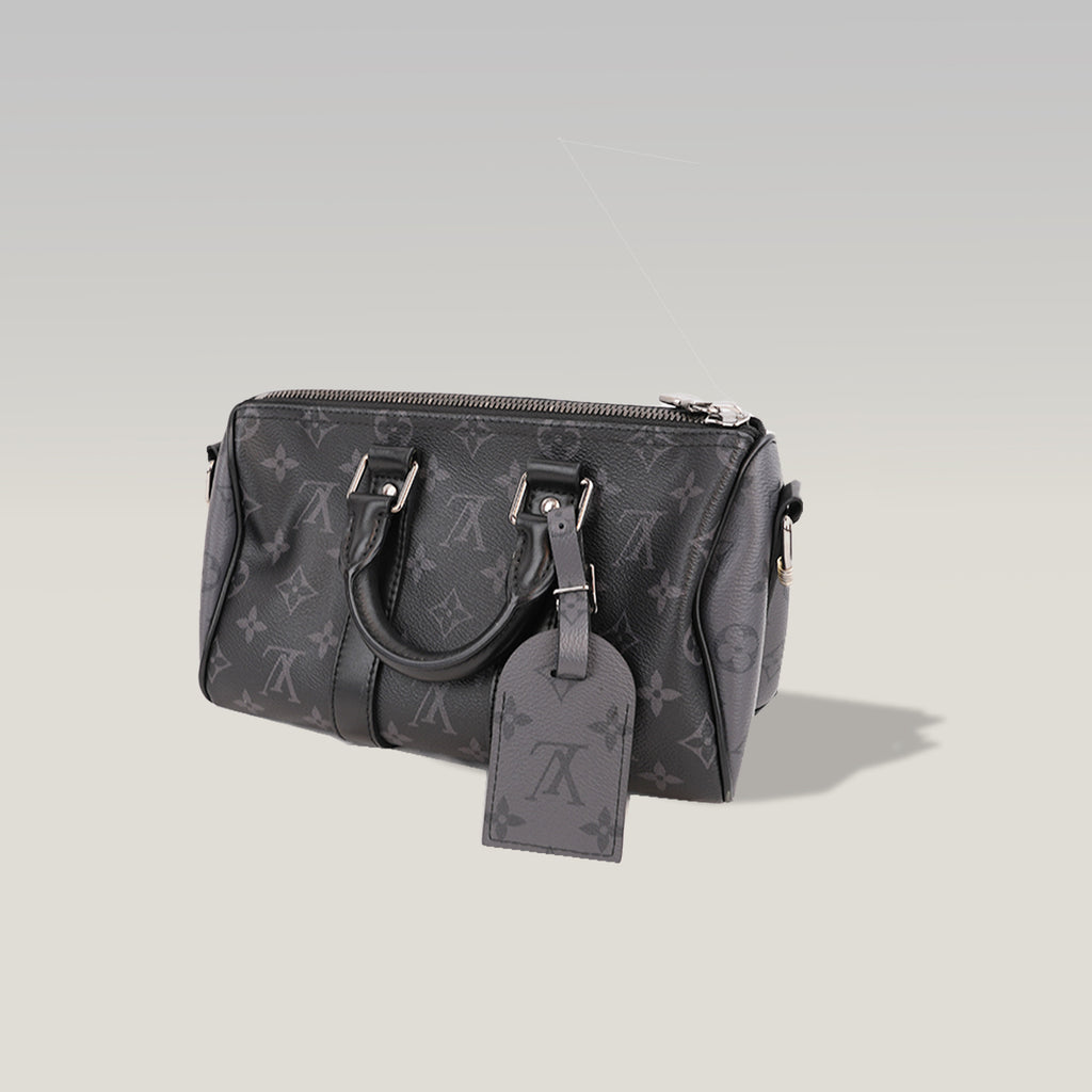 Louis Vuitton Keepall Bandoulière 25 Borsa da Viaggio Mini in Tela Monogram Eclipse Nera e Grigia con Finiture in Pelle