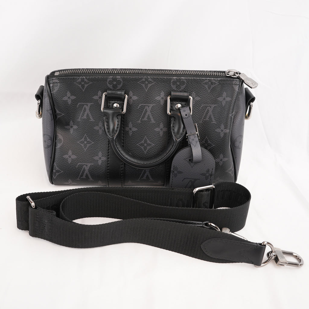 Louis Vuitton Keepall Bandoulière 25 Borsa da Viaggio Mini in Tela Monogram Eclipse Nera e Grigia con Finiture in Pelle