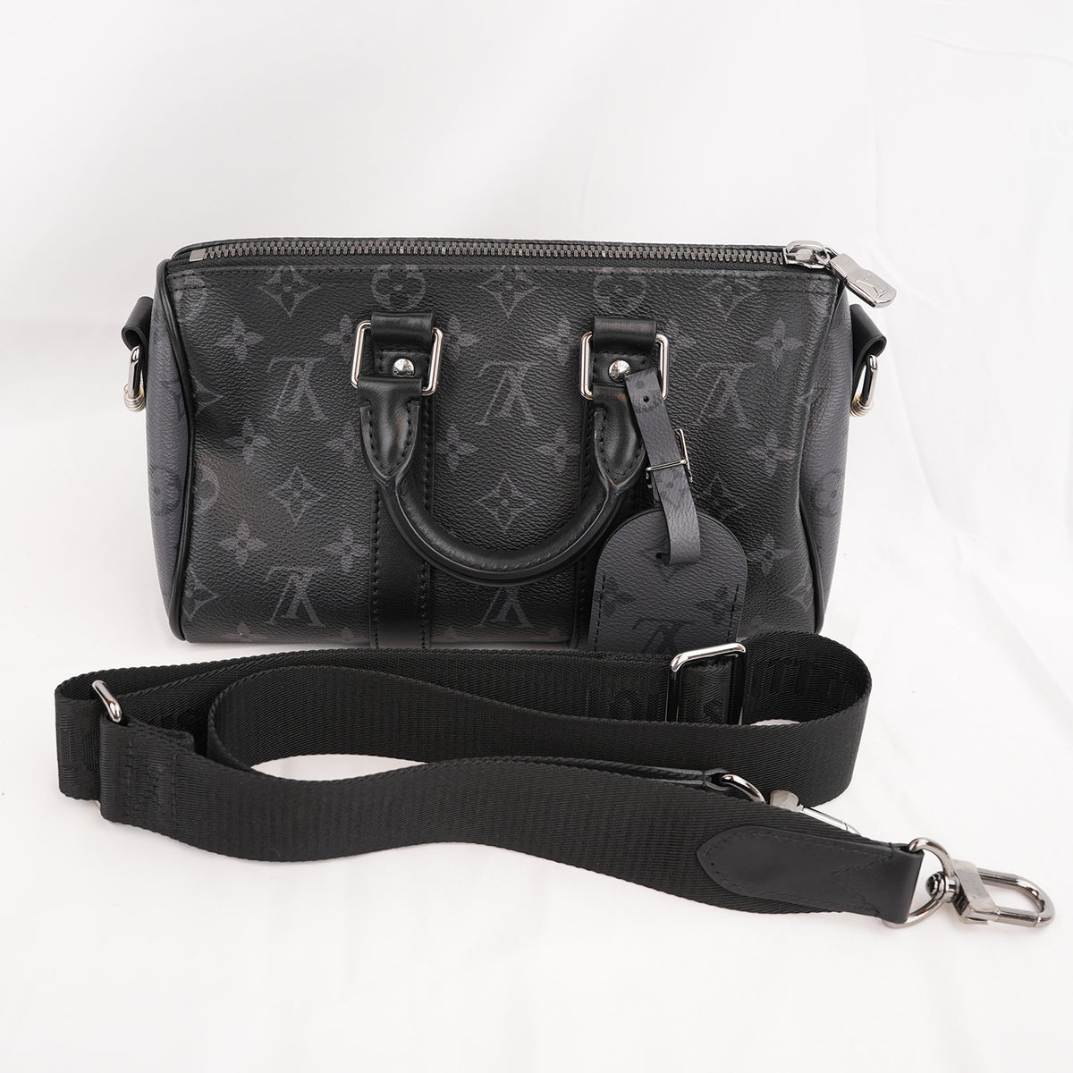 Louis Vuitton Keepall Bandoulière 25 Borsa da Viaggio Mini in Tela Monogram Eclipse Nera e Grigia con Finiture in Pelle