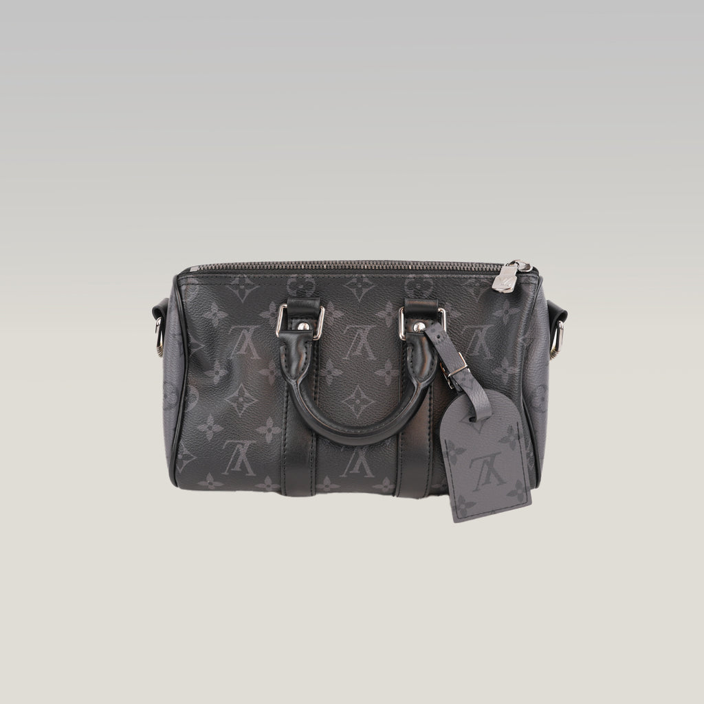 Louis Vuitton Keepall Bandoulière 25 Borsa da Viaggio Mini in Tela Monogram Eclipse Nera e Grigia con Finiture in Pelle