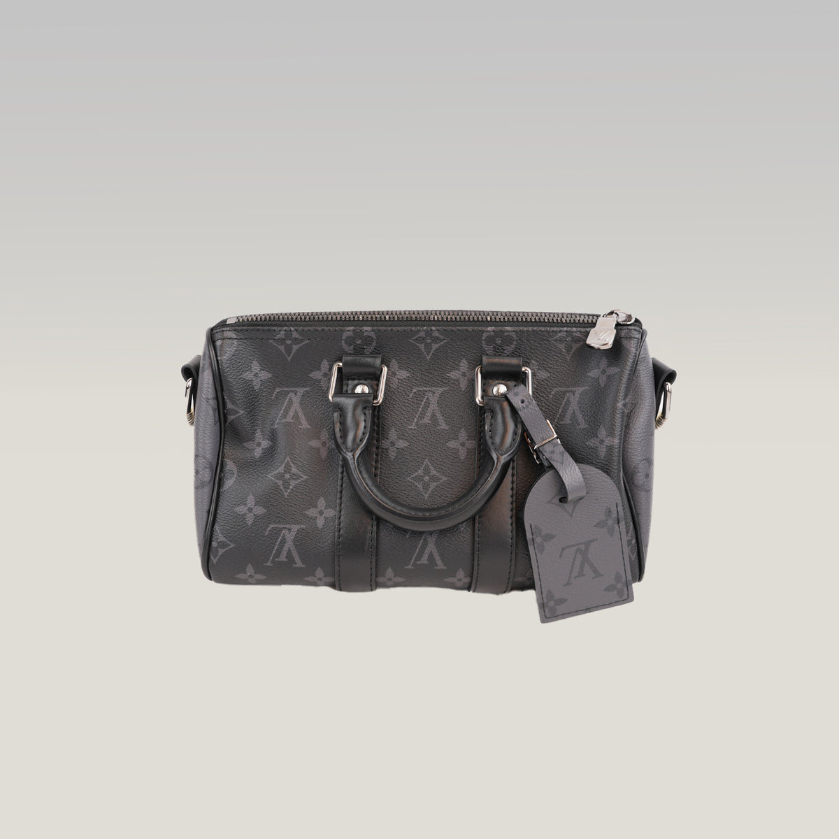 Louis Vuitton Keepall Bandoulière 25 Borsa da Viaggio Mini in Tela Monogram Eclipse Nera e Grigia con Finiture in Pelle