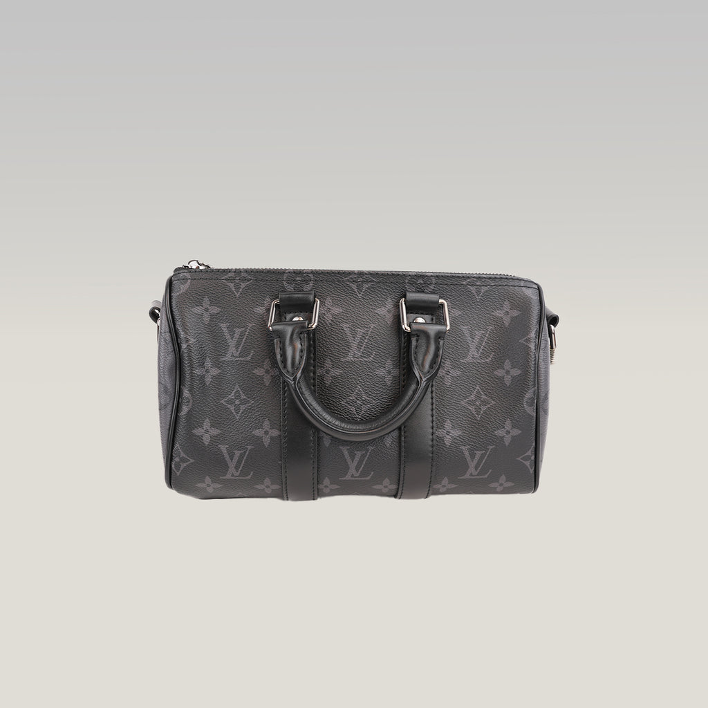 Louis Vuitton Keepall Bandoulière 25 Borsa da Viaggio Mini in Tela Monogram Eclipse Nera e Grigia con Finiture in Pelle