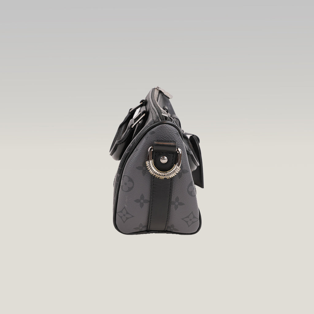 Louis Vuitton Keepall Bandoulière 25 Borsa da Viaggio Mini in Tela Monogram Eclipse Nera e Grigia con Finiture in Pelle