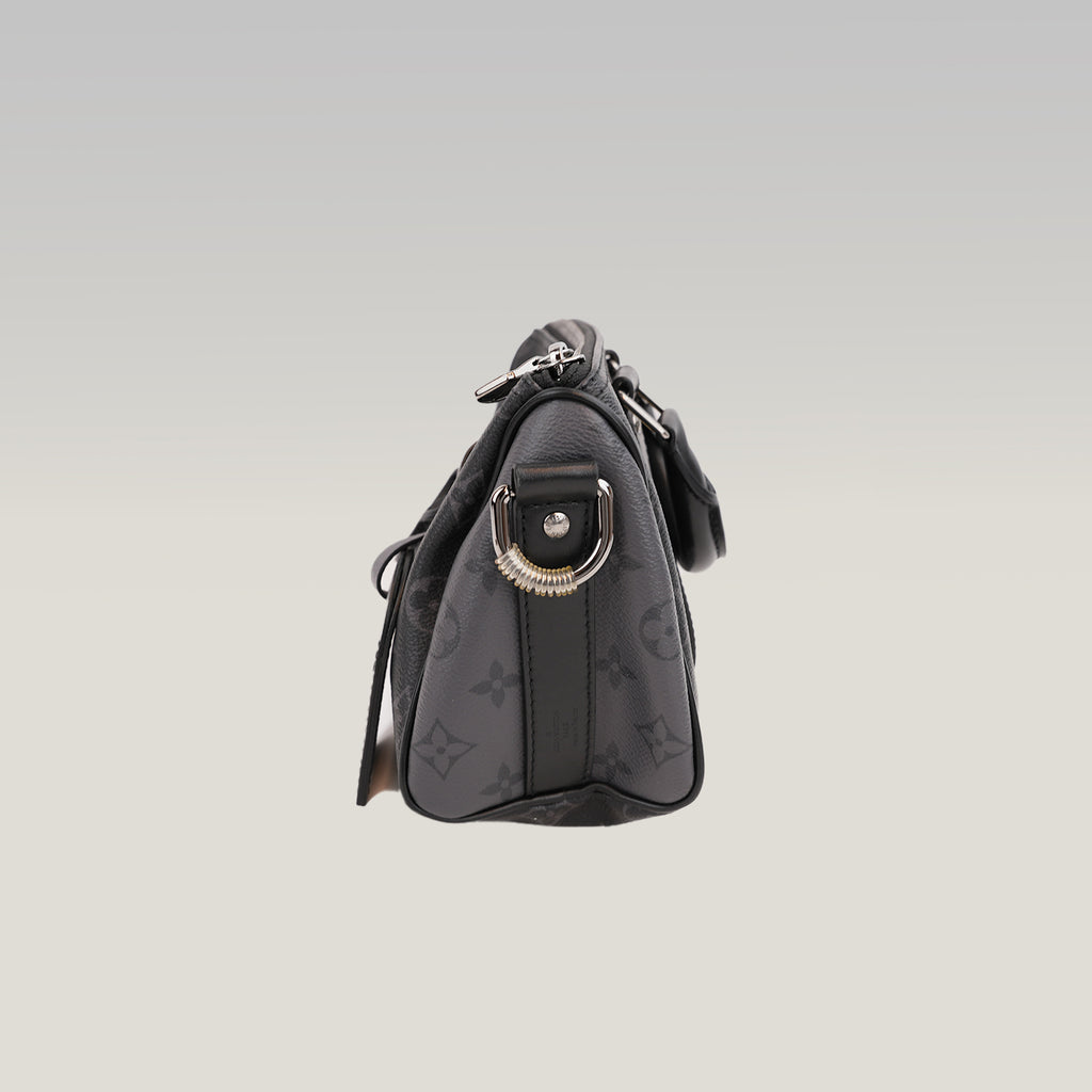 Louis Vuitton Keepall Bandoulière 25 Borsa da Viaggio Mini in Tela Monogram Eclipse Nera e Grigia con Finiture in Pelle