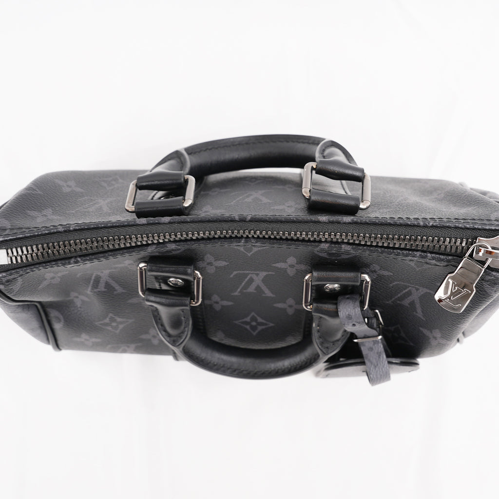 Louis Vuitton Keepall Bandoulière 25 Borsa da Viaggio Mini in Tela Monogram Eclipse Nera e Grigia con Finiture in Pelle