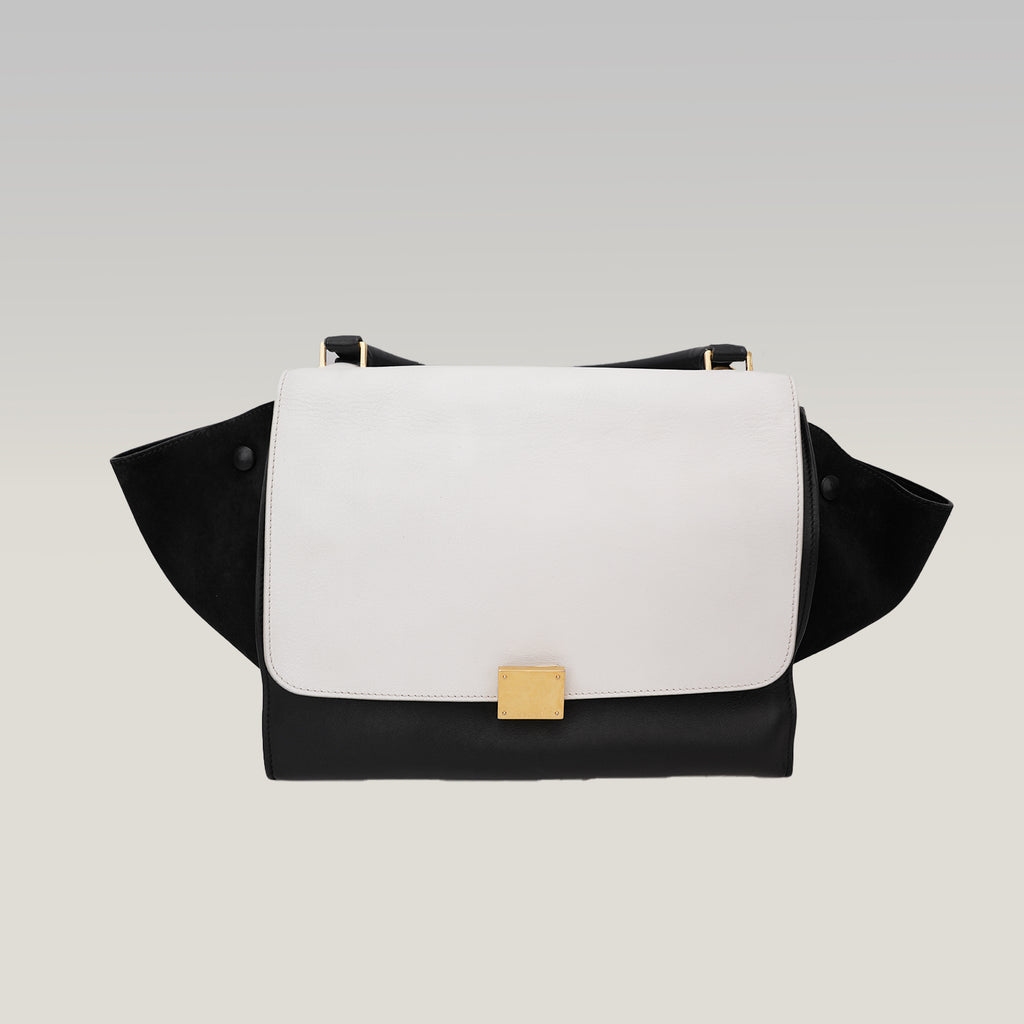 Celine Trapeze Bicolor Leather & Suede Shoulder Bag Black White Medium