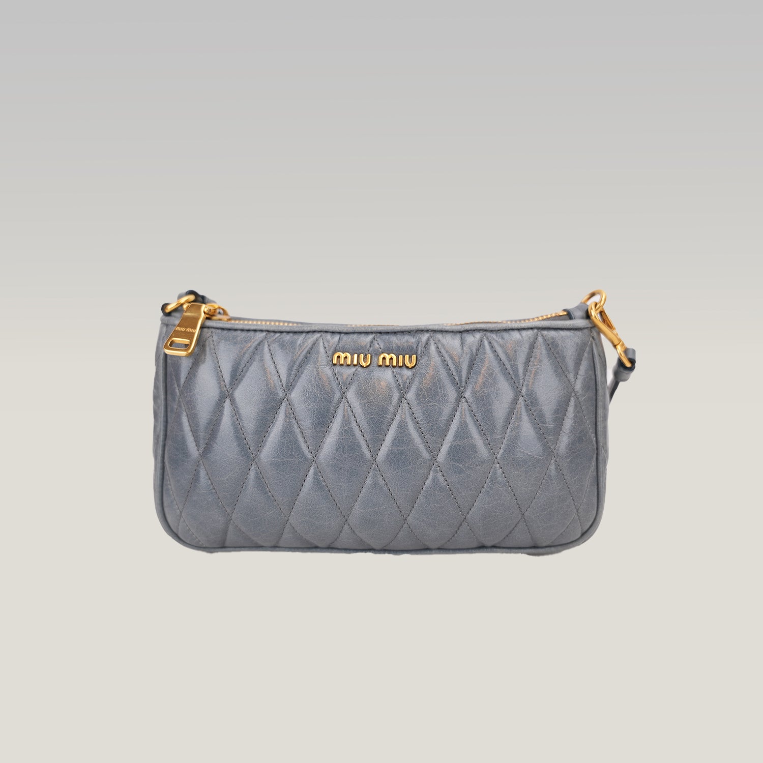 Miu Miu Matelassé Blu Mini Borsa a Spalla in Pelle con Logo Oro