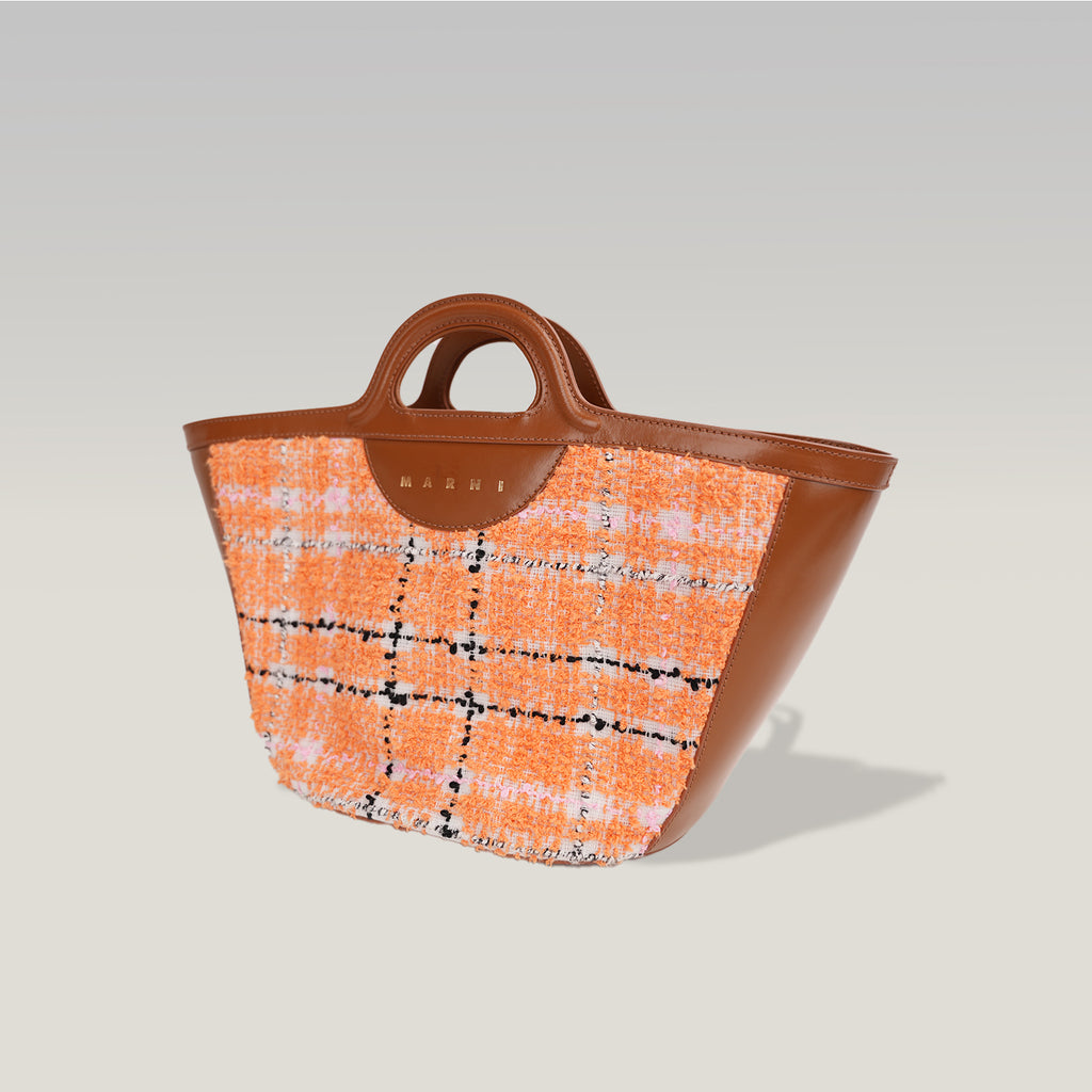 Marni Tropicalia Micro Handbag in Orange Tweed Fabric and Brown Leather