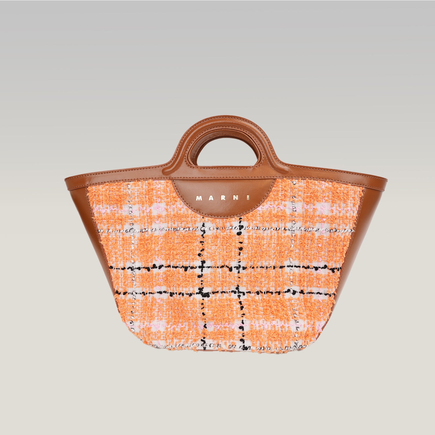Marni Tropicalia Micro Handbag in Orange Tweed Fabric and Brown Leather