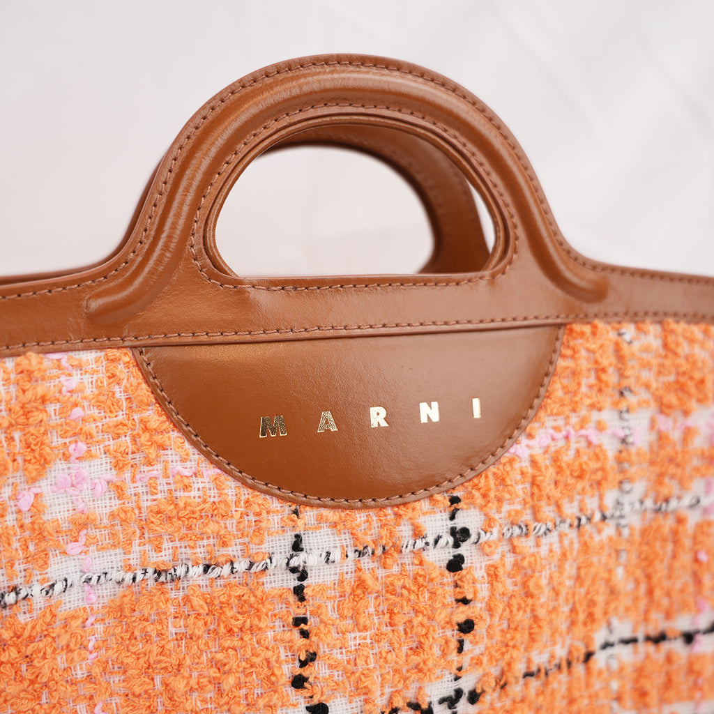 Marni Tropicalia Micro Handbag in Orange Tweed Fabric and Brown Leather