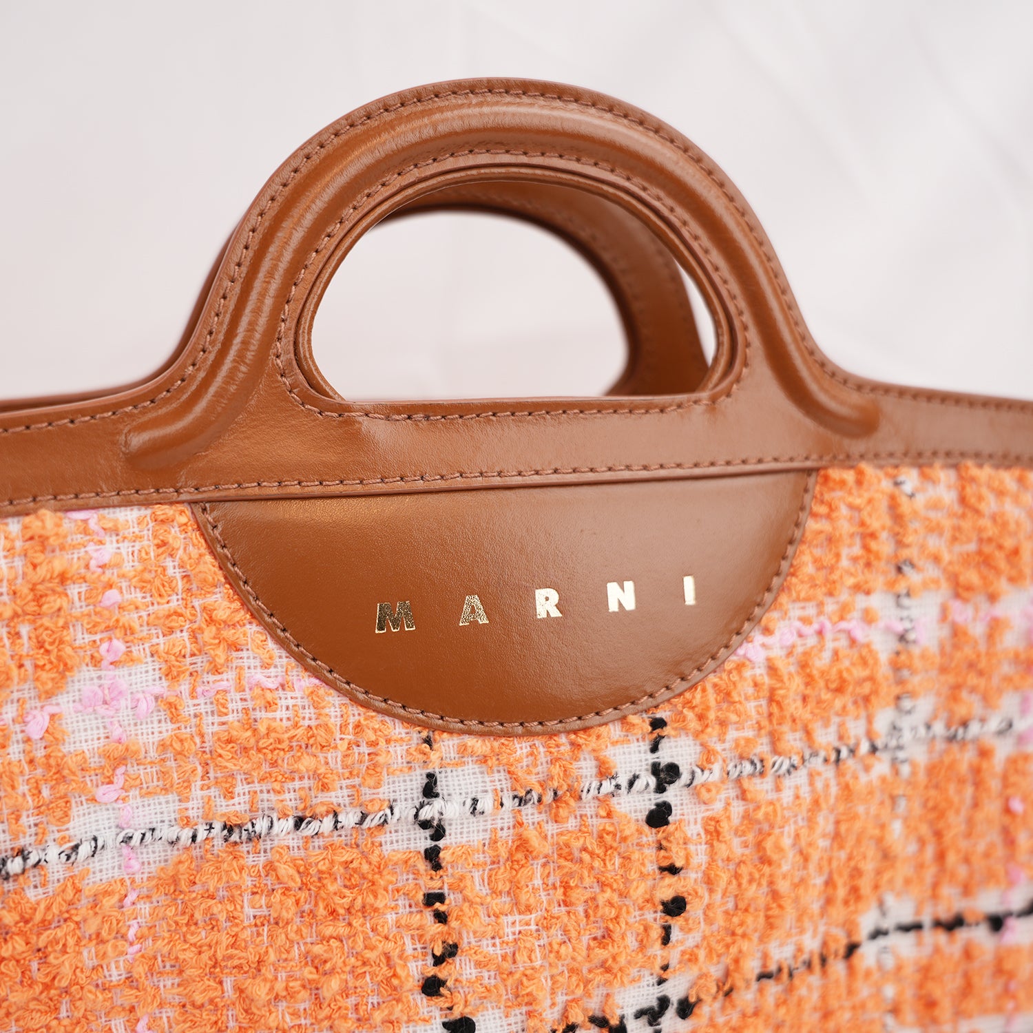 Marni Tropicalia Micro Handbag in Orange Tweed Fabric and Brown Leather
