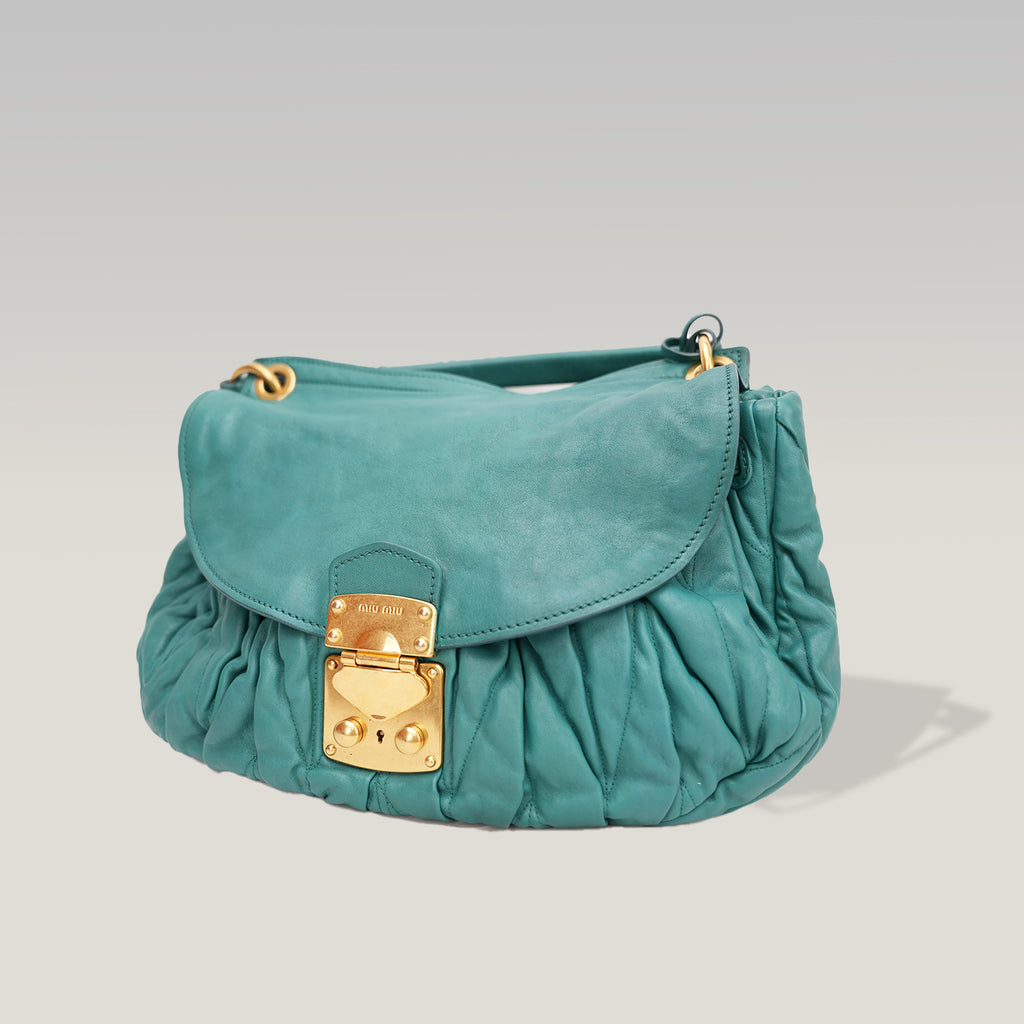 Miu Miu Coffer Shoulder Bag Turquoise Gathered Leather Hobo Bag Gold Hardware