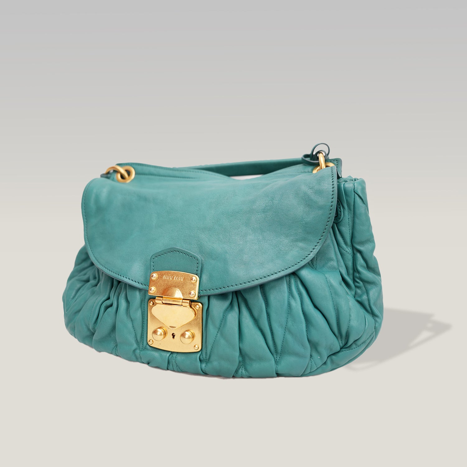 Miu Miu Coffer Shoulder Bag Turquoise Gathered Leather Hobo Bag Gold Hardware