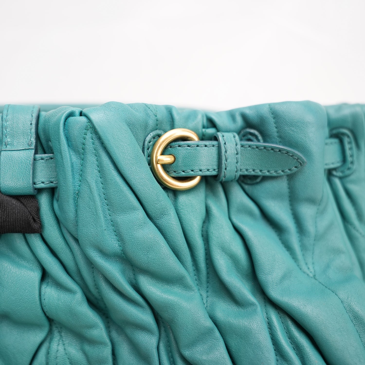 Miu Miu Coffer Shoulder Bag Turquoise Gathered Leather Hobo Bag Gold Hardware