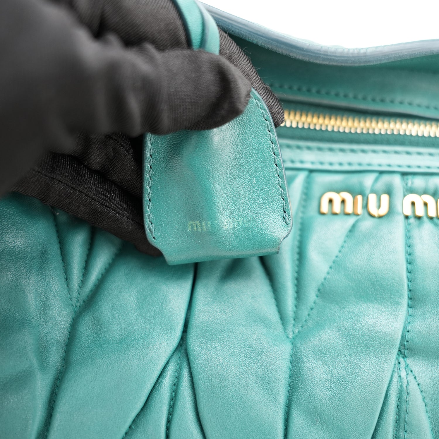 Miu Miu Coffer Shoulder Bag Turquoise Gathered Leather Hobo Bag Gold Hardware