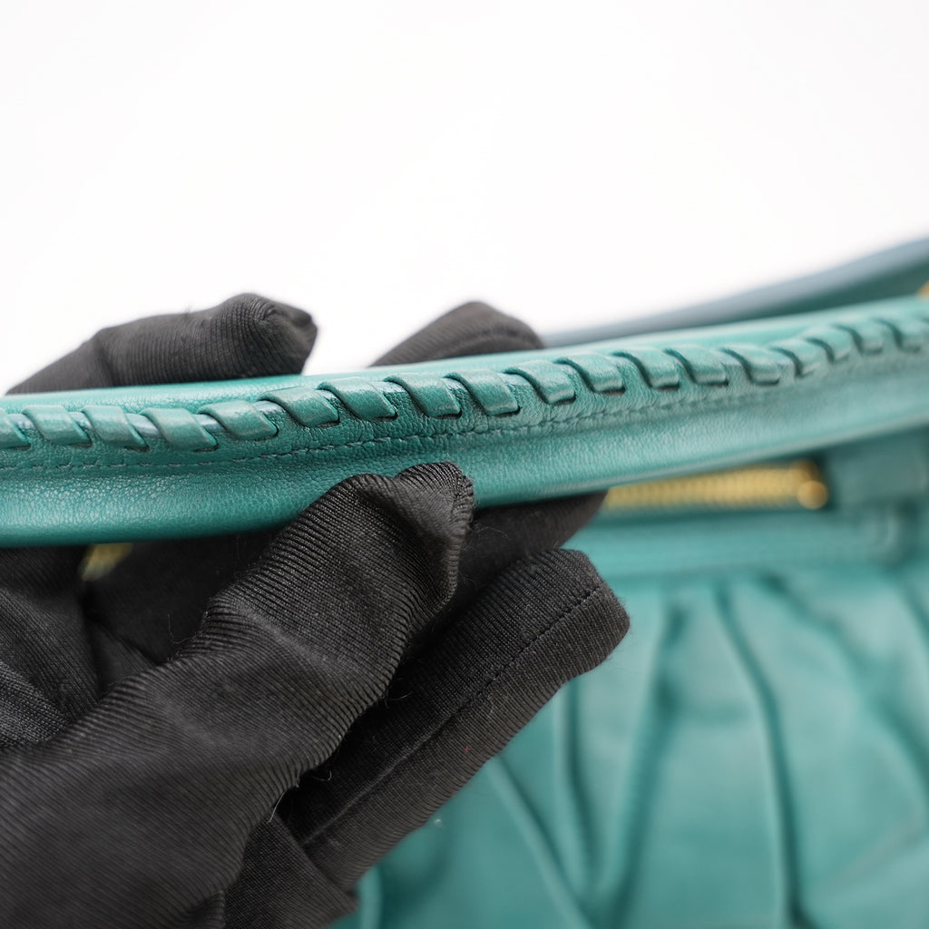 Miu Miu Coffer Shoulder Bag Turquoise Gathered Leather Hobo Bag Gold Hardware