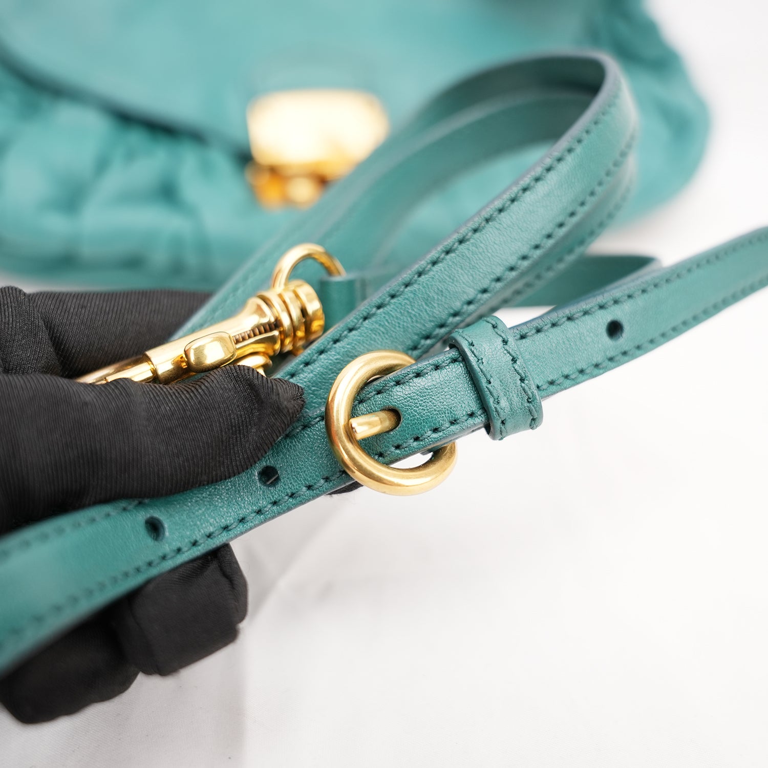 Miu Miu Coffer Shoulder Bag Turquoise Gathered Leather Hobo Bag Gold Hardware