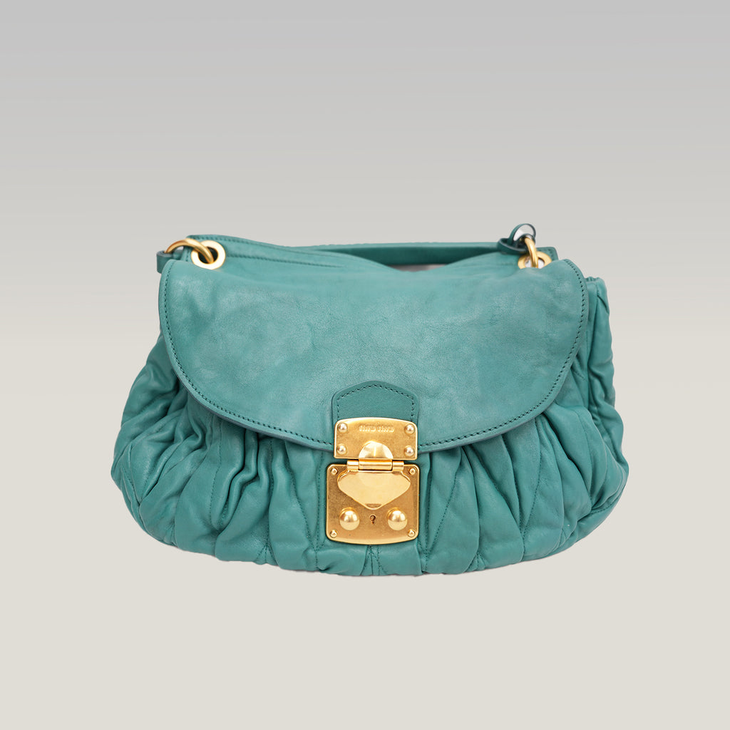 Miu Miu Coffer Shoulder Bag Turquoise Gathered Leather Hobo Bag Gold Hardware