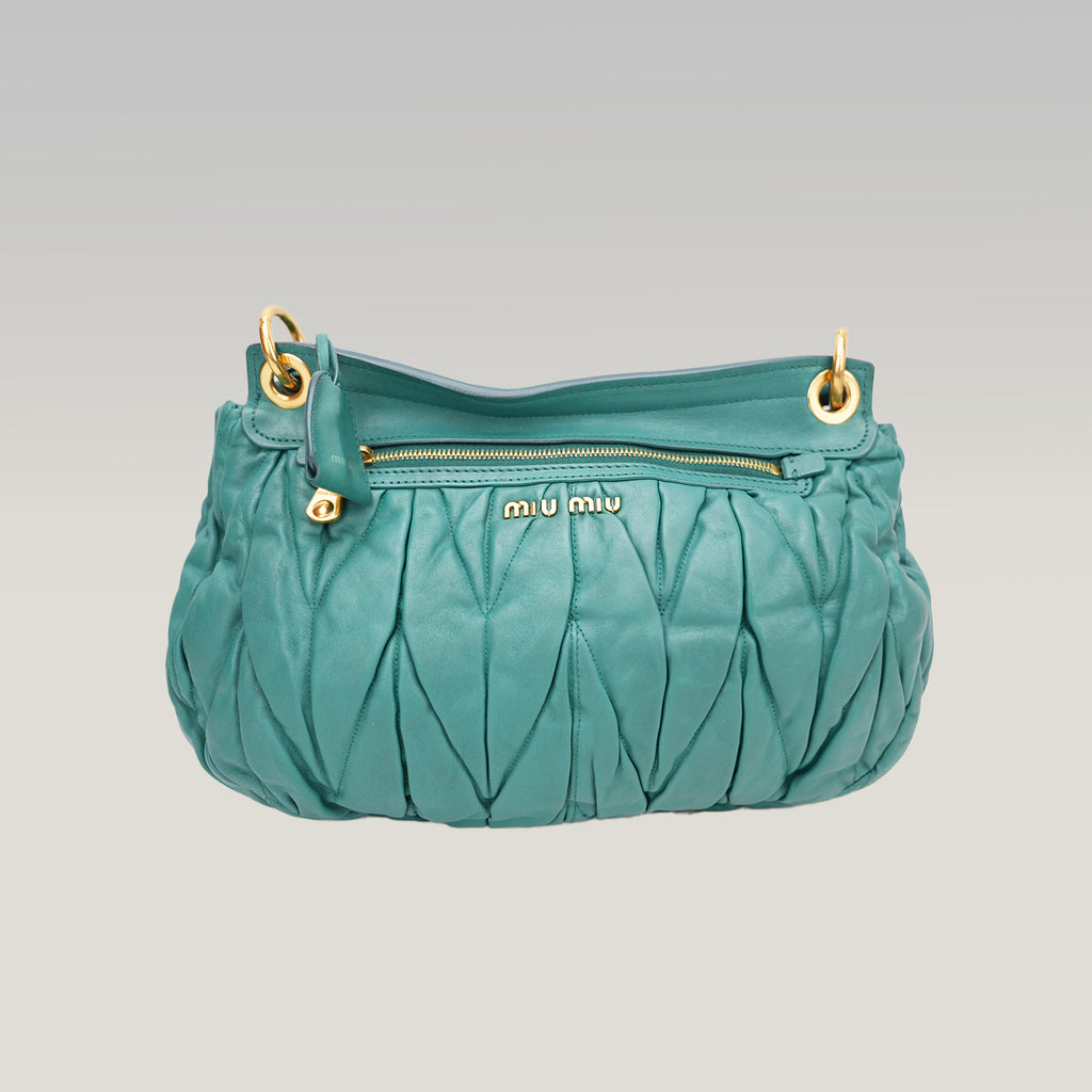 Miu Miu Coffer Shoulder Bag Turquoise Gathered Leather Hobo Bag Gold Hardware