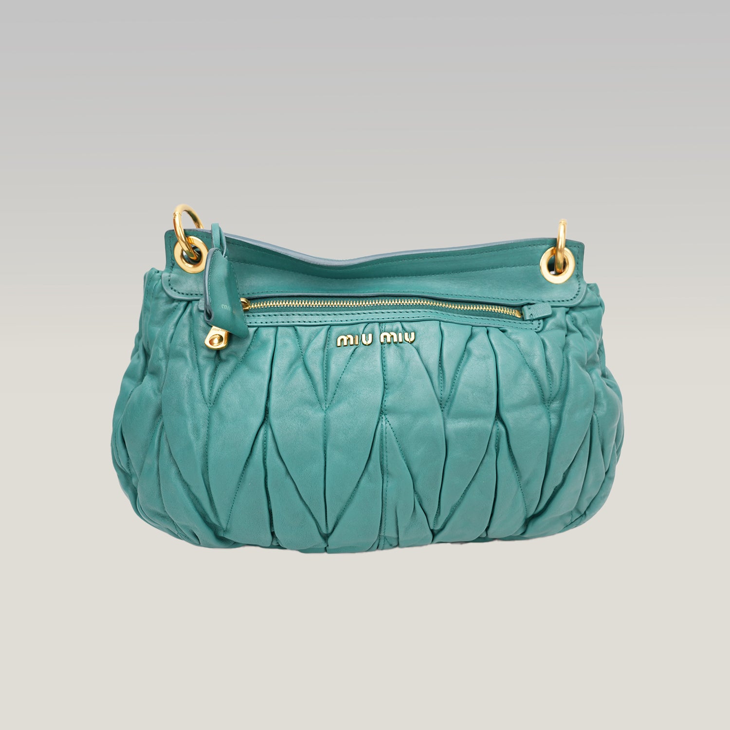 Miu Miu Coffer Shoulder Bag Turquoise Gathered Leather Hobo Bag Gold Hardware