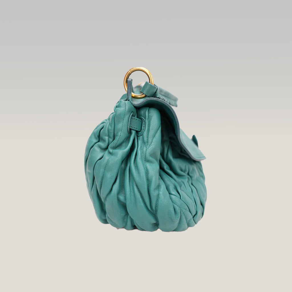 Miu Miu Coffer Shoulder Bag Turquoise Gathered Leather Hobo Bag Gold Hardware