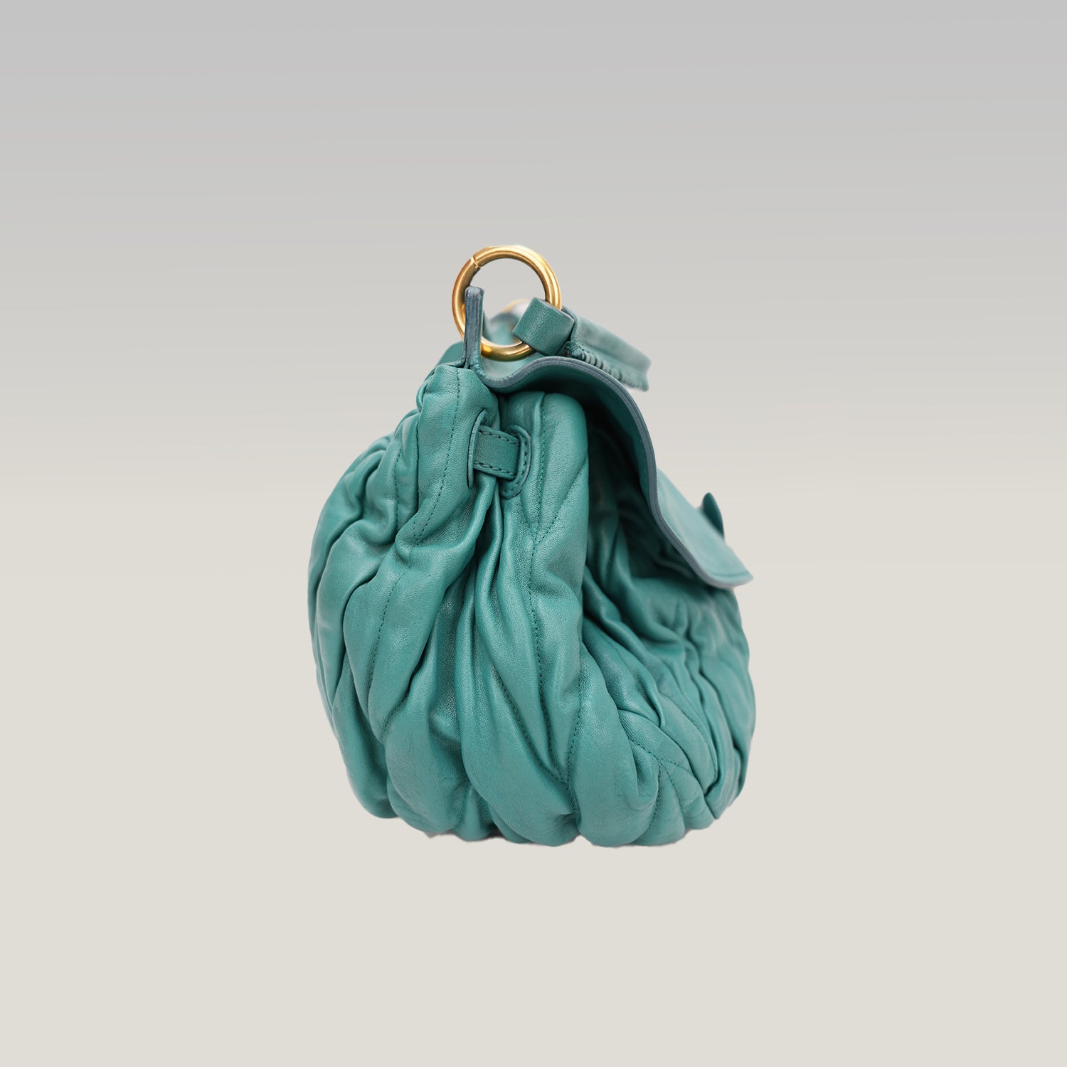Miu Miu Coffer Shoulder Bag Turquoise Gathered Leather Hobo Bag Gold Hardware
