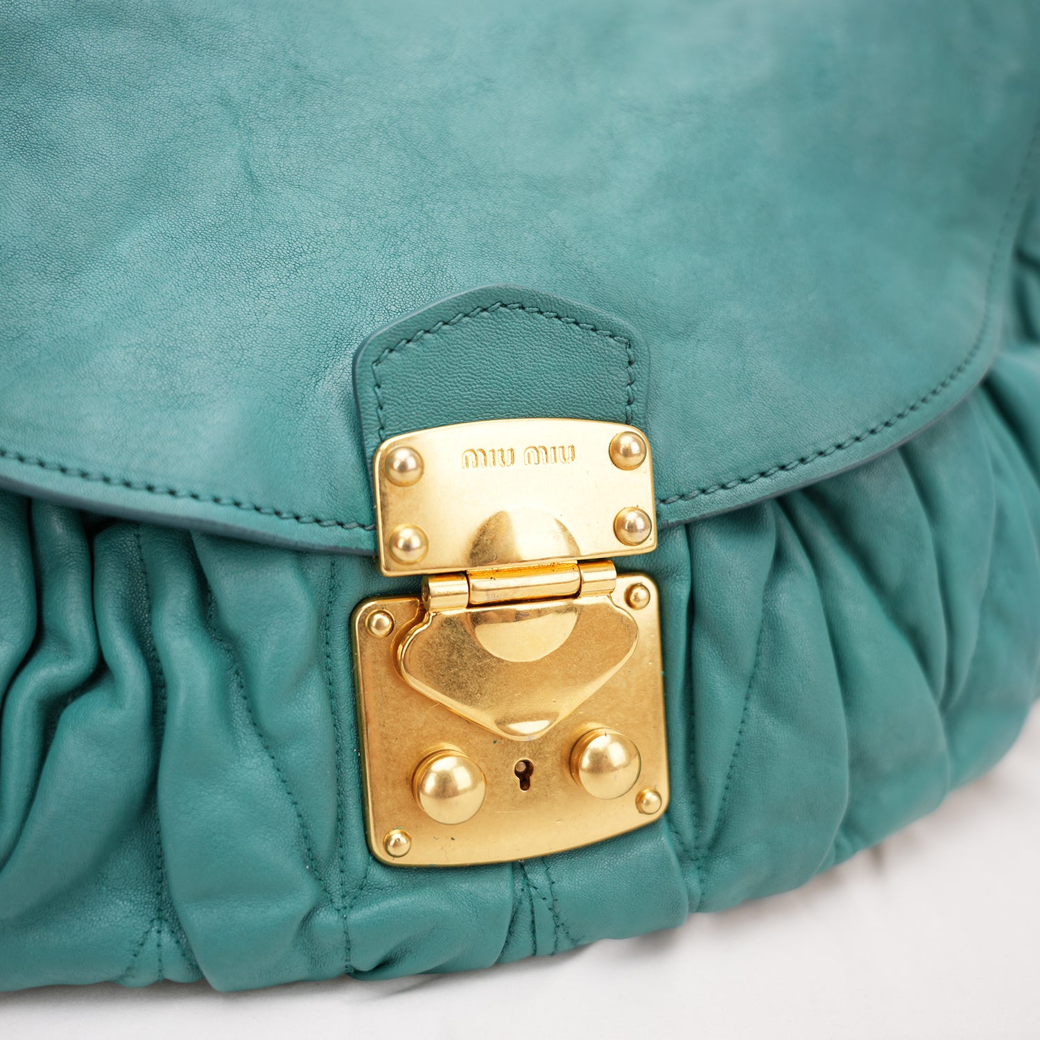 Miu Miu Coffer Shoulder Bag Turquoise Gathered Leather Hobo Bag Gold Hardware