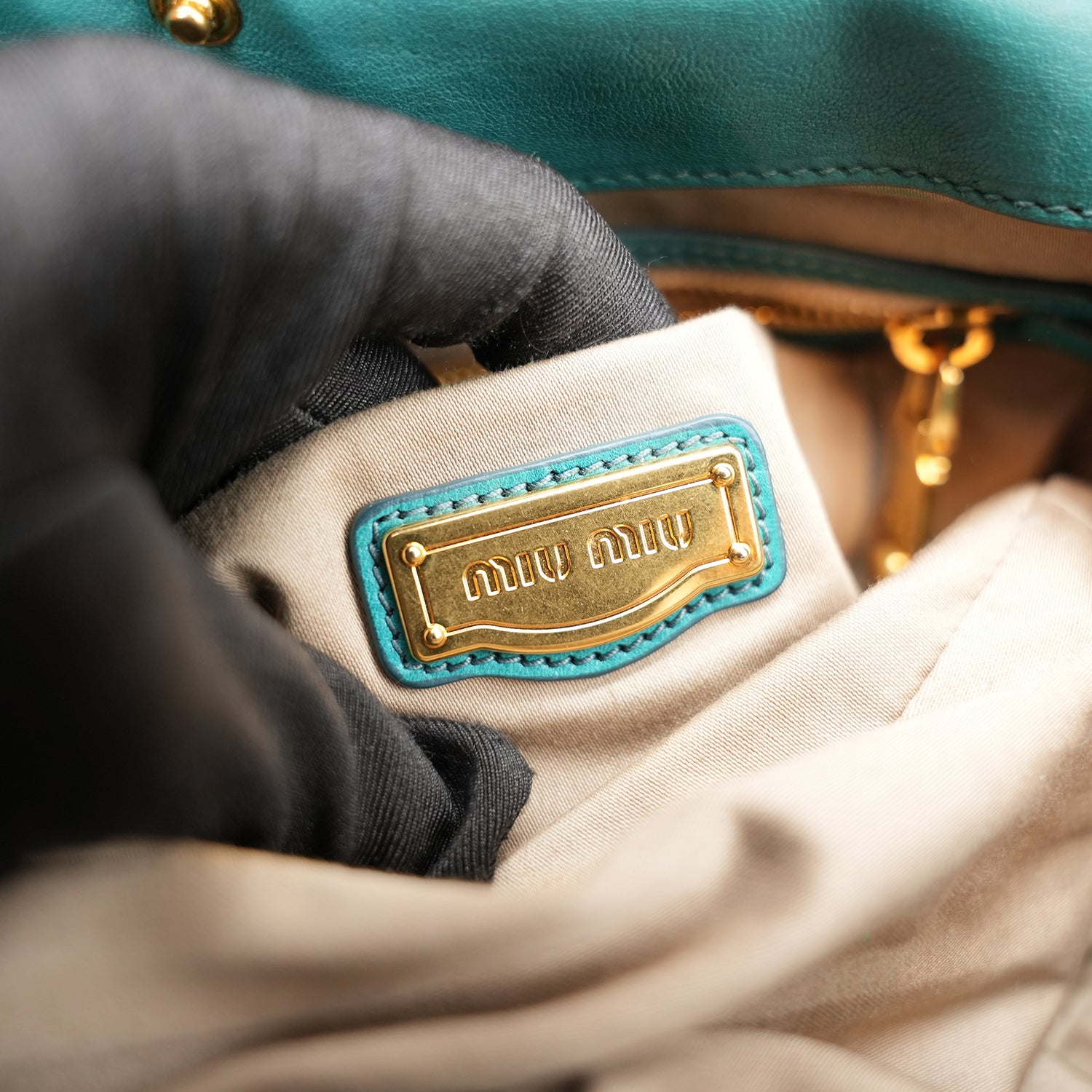 Miu Miu Coffer Shoulder Bag Turquoise Gathered Leather Hobo Bag Gold Hardware
