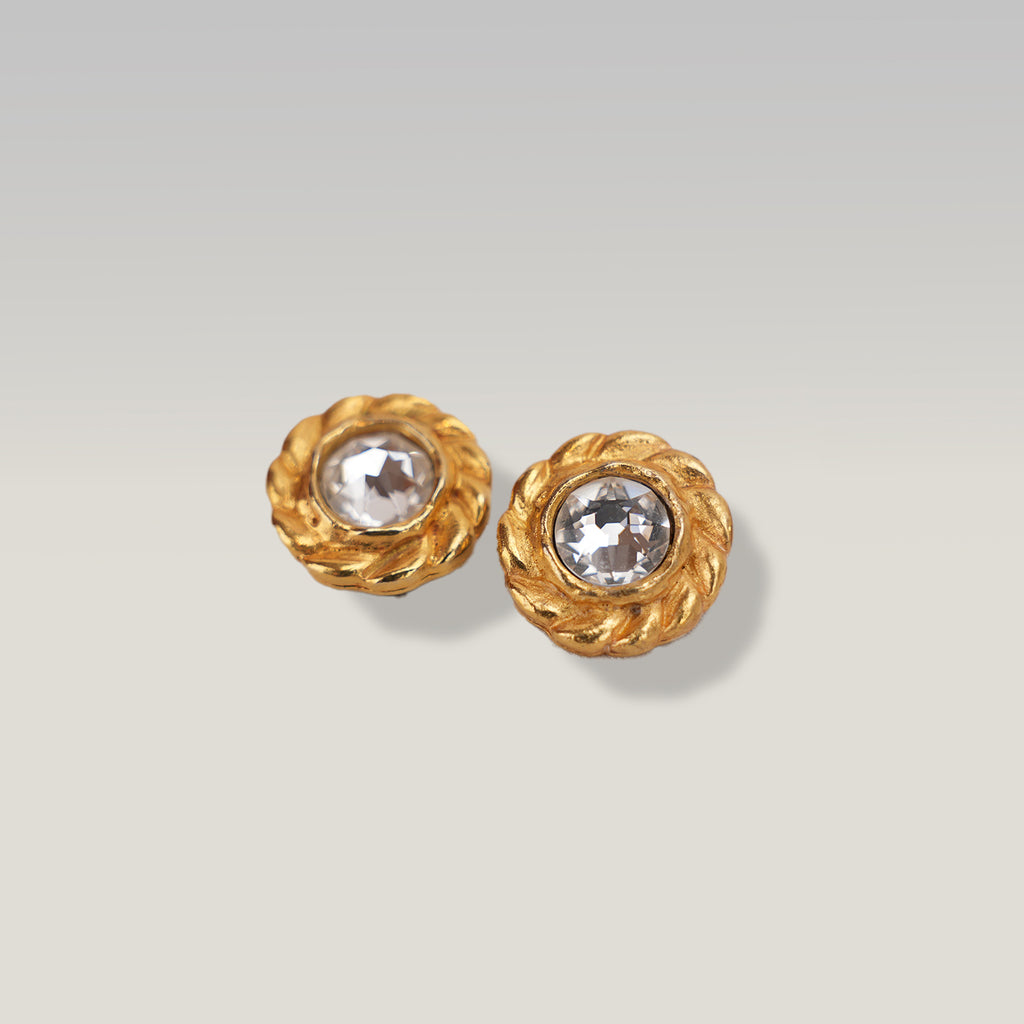 Chanel Orecchini a Clip Vintage in Lega Metallica Dorata con Grande Strass Centrale