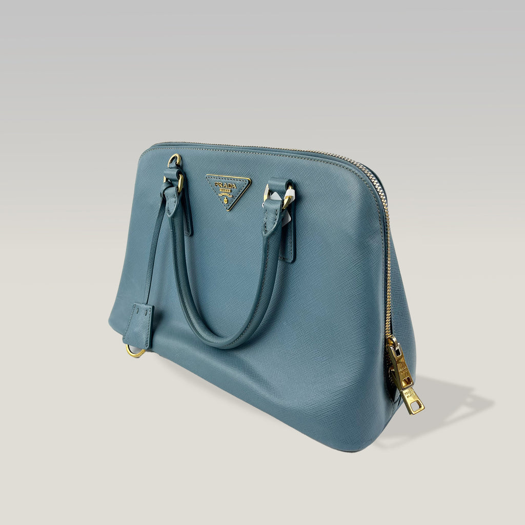 Prada Promenade Blue Saffiano Leather Tote Bag Gold-Tone Hardware