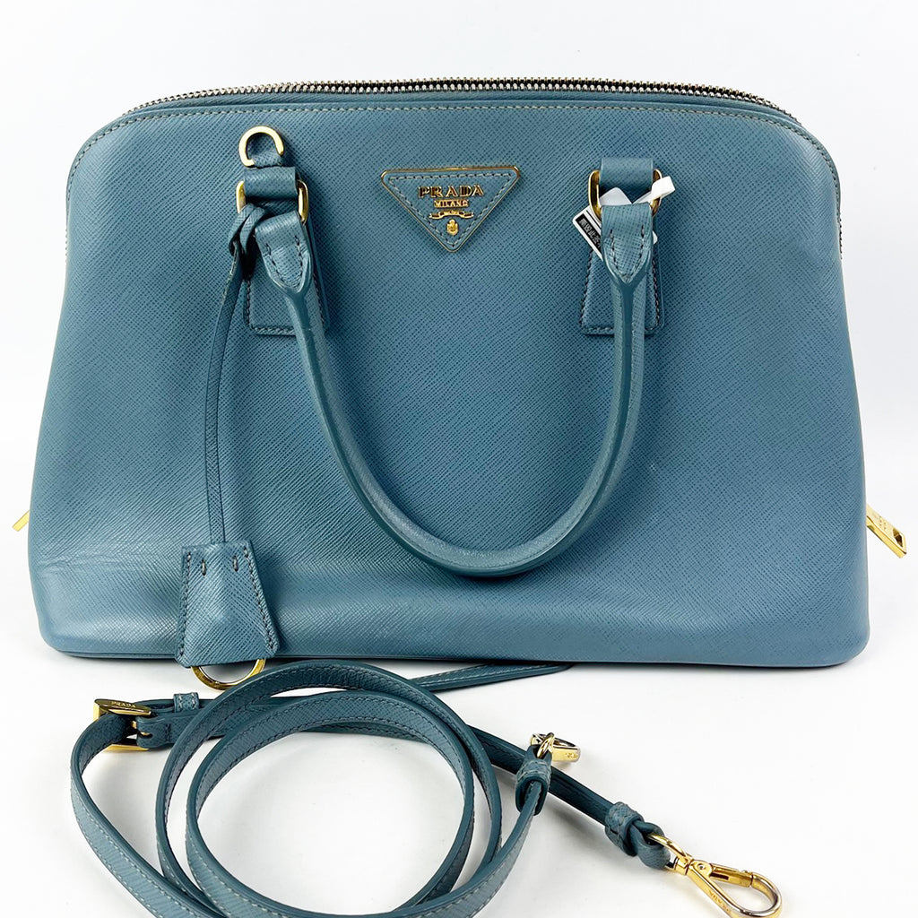 Prada Promenade Blue Saffiano Leather Tote Bag Gold-Tone Hardware