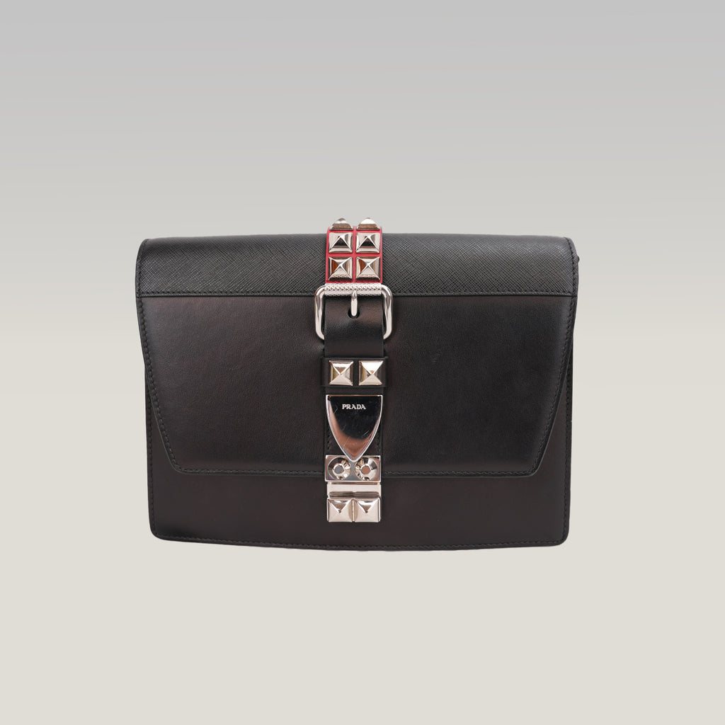 Prada Elektra Saffiano Leather Studded Shoulder Bag Black