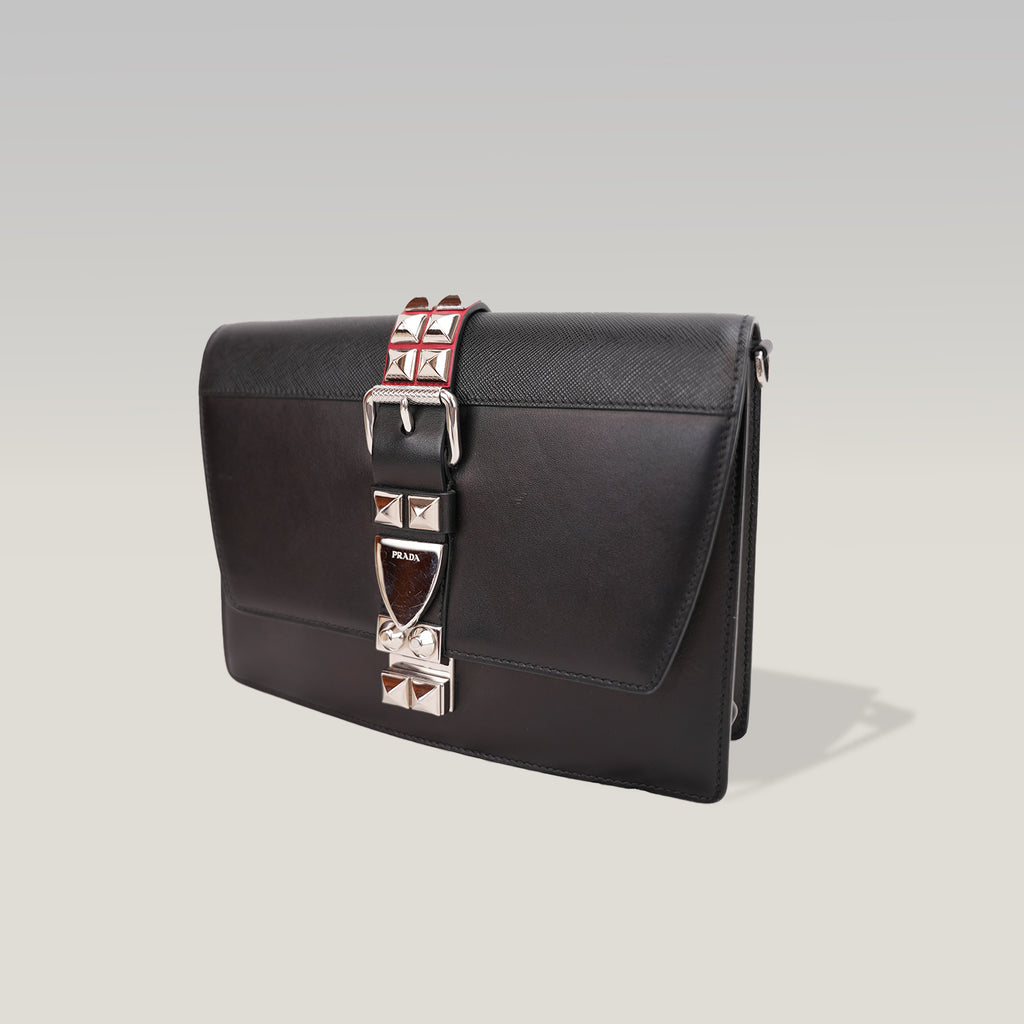 Prada Elektra Saffiano Leather Studded Shoulder Bag Black