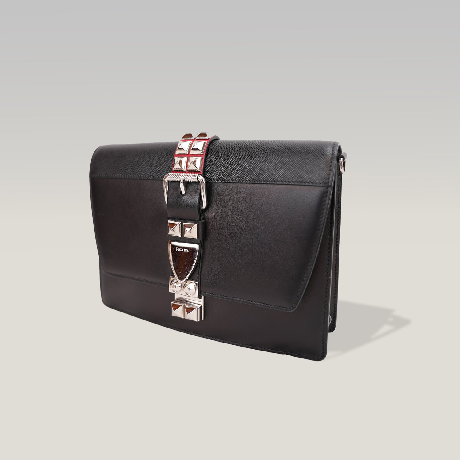 Prada Elektra Saffiano Leather Studded Shoulder Bag Black