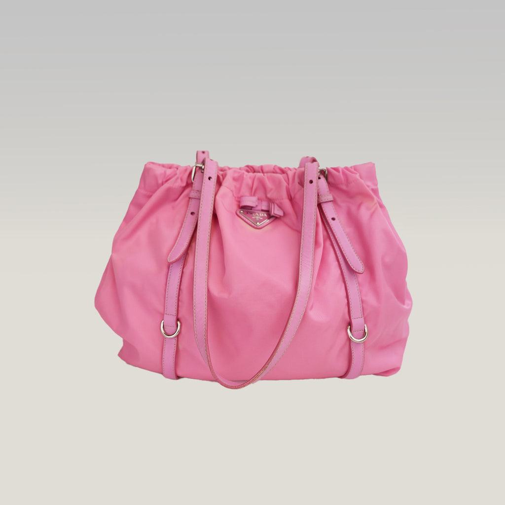 Prada Tessuto Borsa a Spalla Rosa in Nylon con Dettagli in Pelle