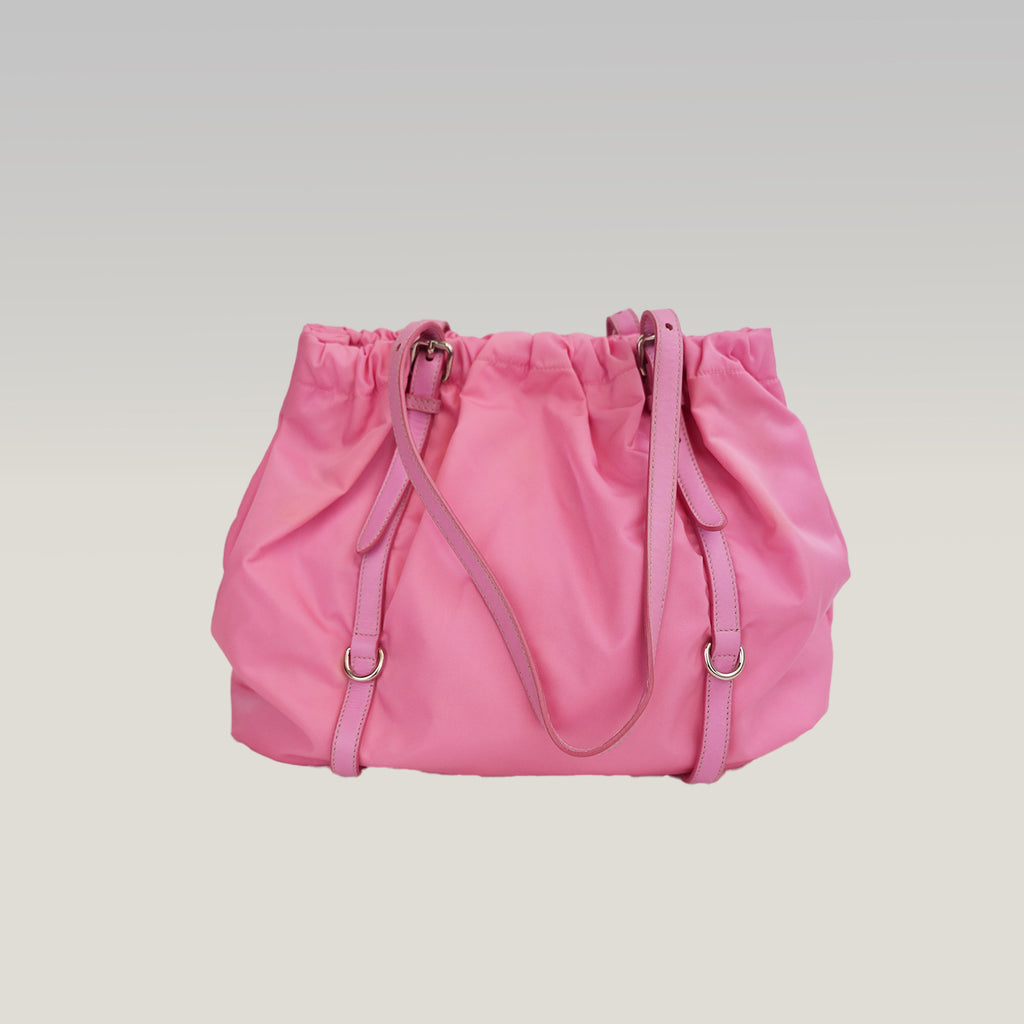 Prada Tessuto Borsa a Spalla Rosa in Nylon con Dettagli in Pelle