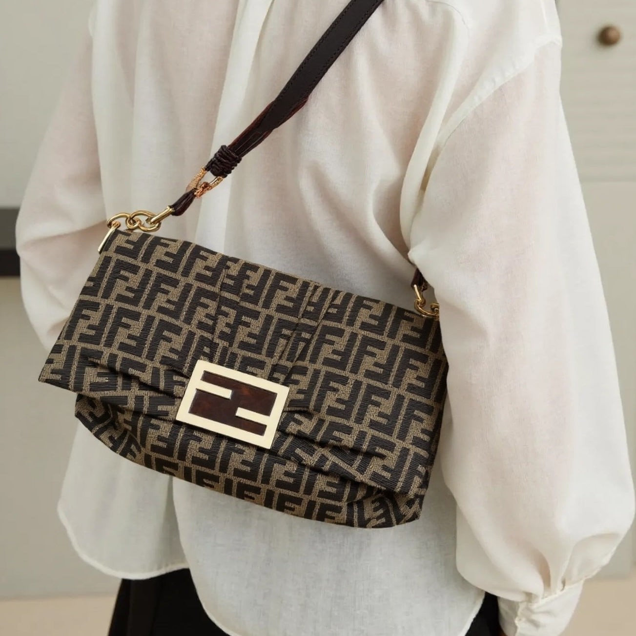 Fendi Brown FF Canvas Baguette Shoulder Bag with Tortoiseshell Buckle