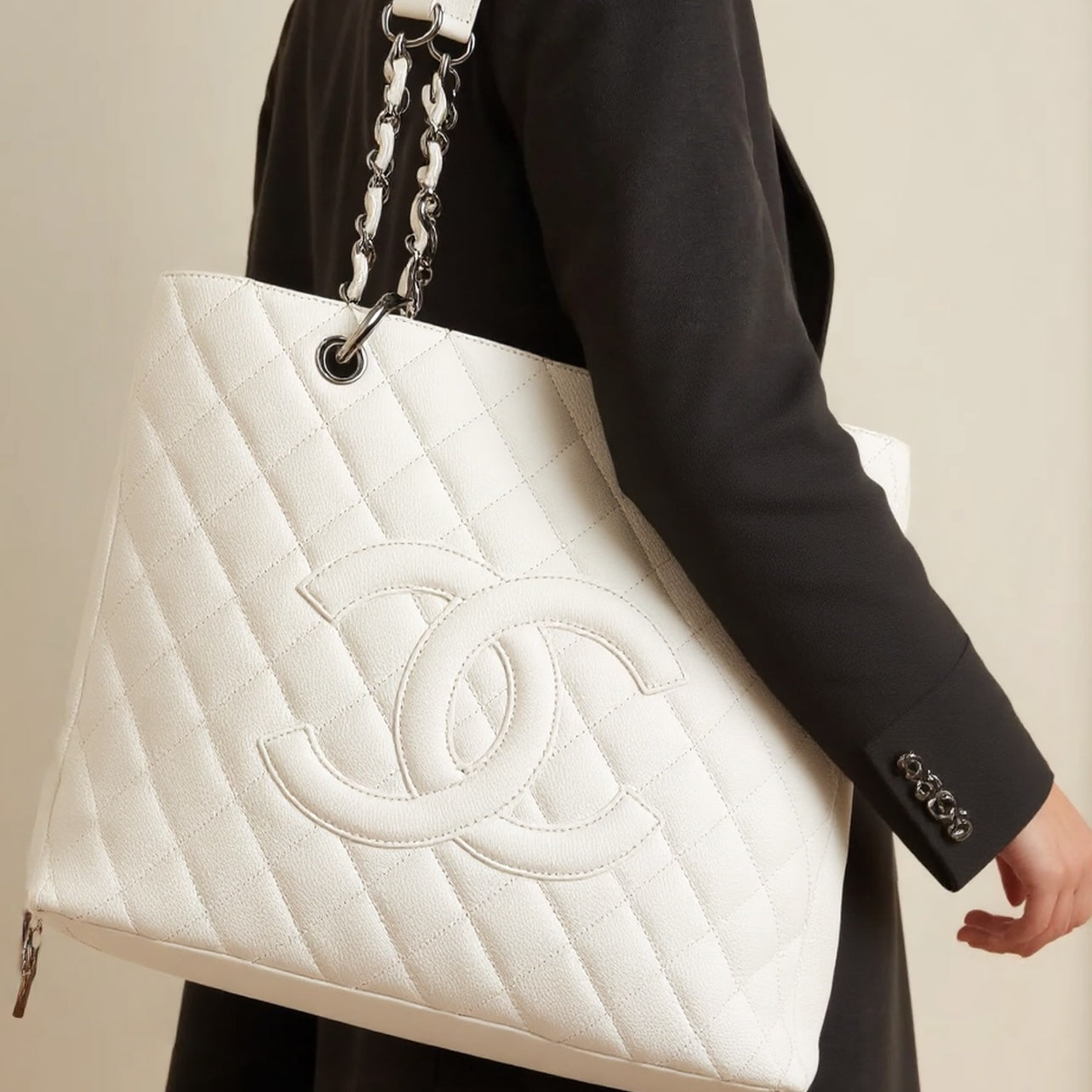 Chanel Caviar Quilted Grand Shopping Tote GST White