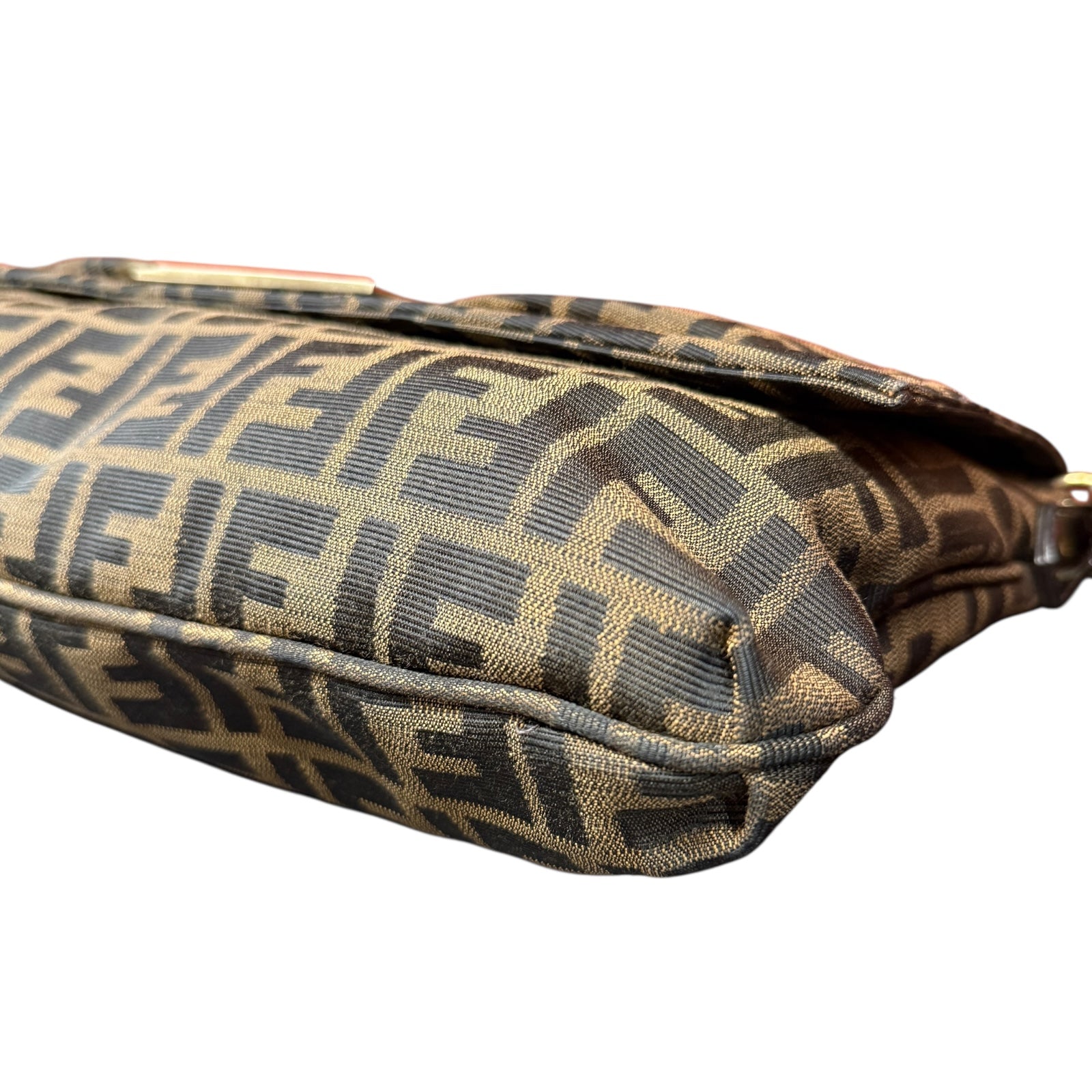 Fendi Brown FF Canvas Baguette Shoulder Bag with Tortoiseshell Buckle