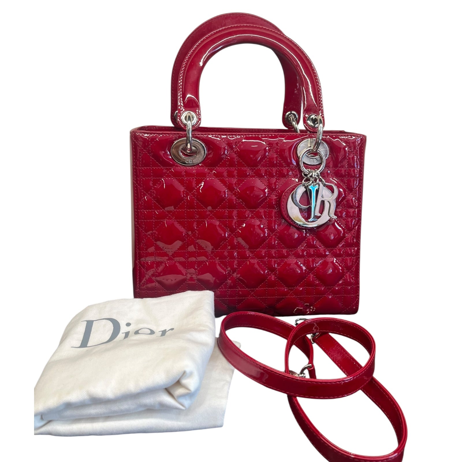 Dior Lady Dior Hand bag with patent red leather small size