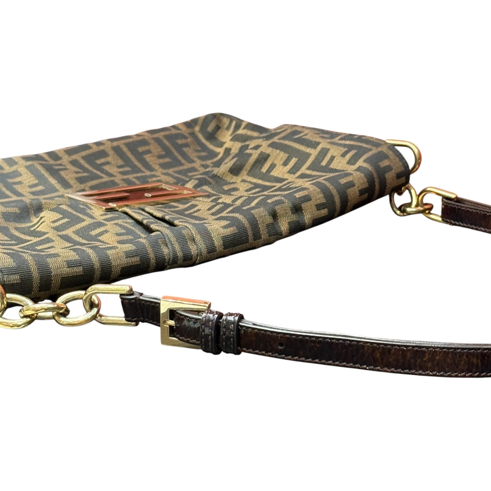 Fendi Brown FF Canvas Baguette Shoulder Bag with Tortoiseshell Buckle