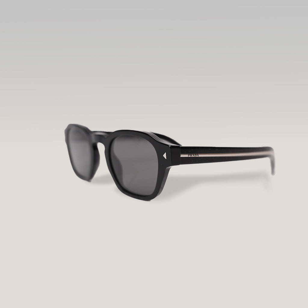 Prada 0PR A16S Black Acetate Sunglasses Silver Logo Grey Lenses