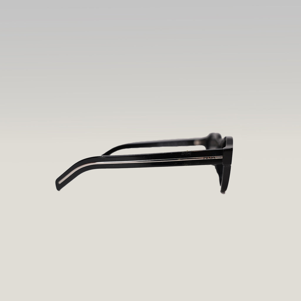 Prada 0PR A16S Black Acetate Sunglasses Silver Logo Grey Lenses