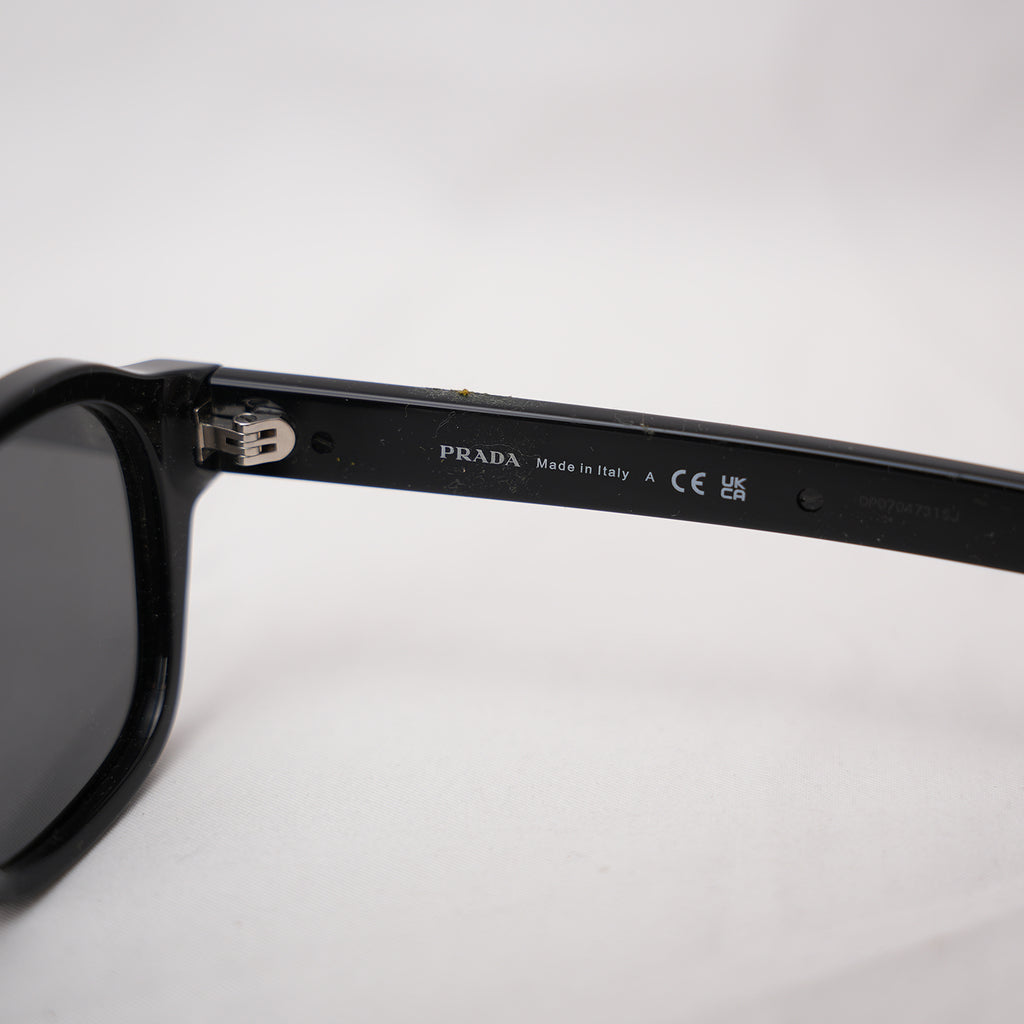 Prada 0PR A16S Black Acetate Sunglasses Silver Logo Grey Lenses