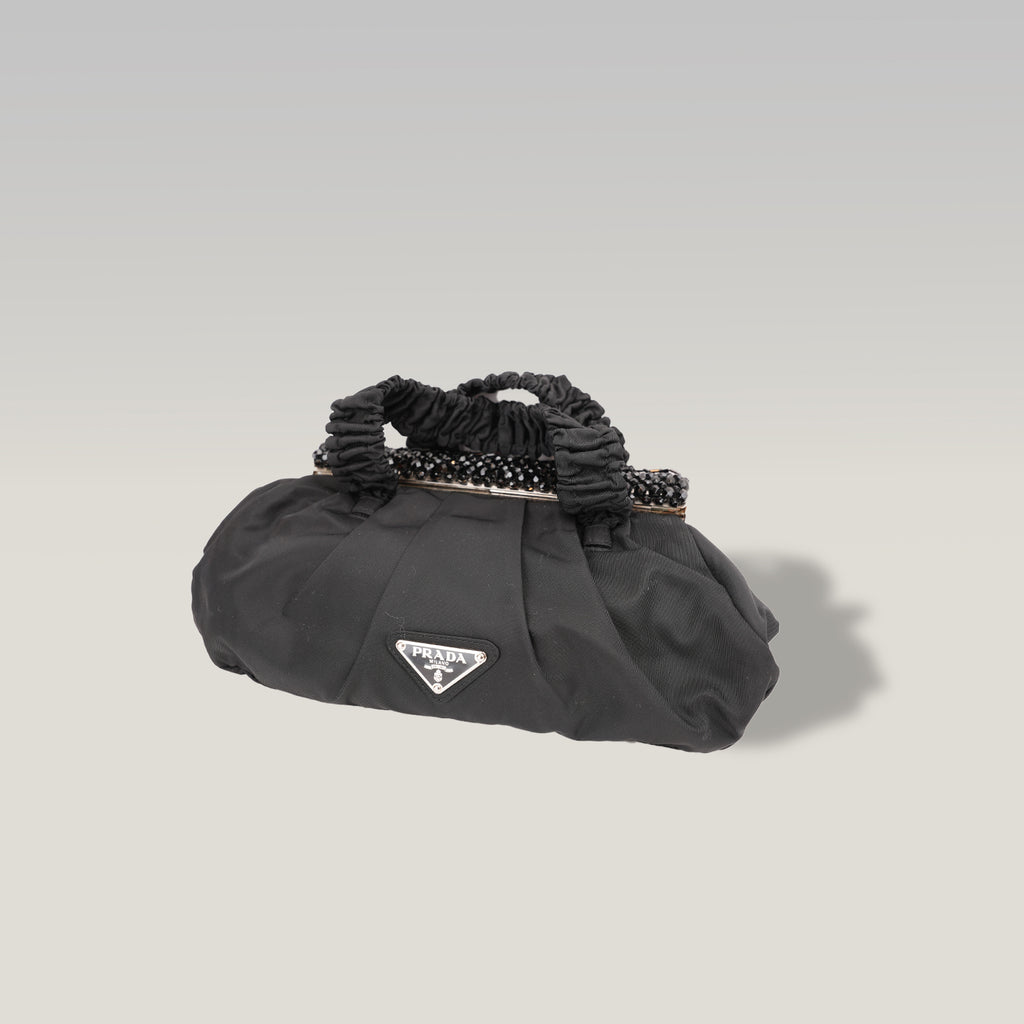Prada Gaufre Borsa da Sera in Nylon Nero con Cristalli e Manici Arricciati