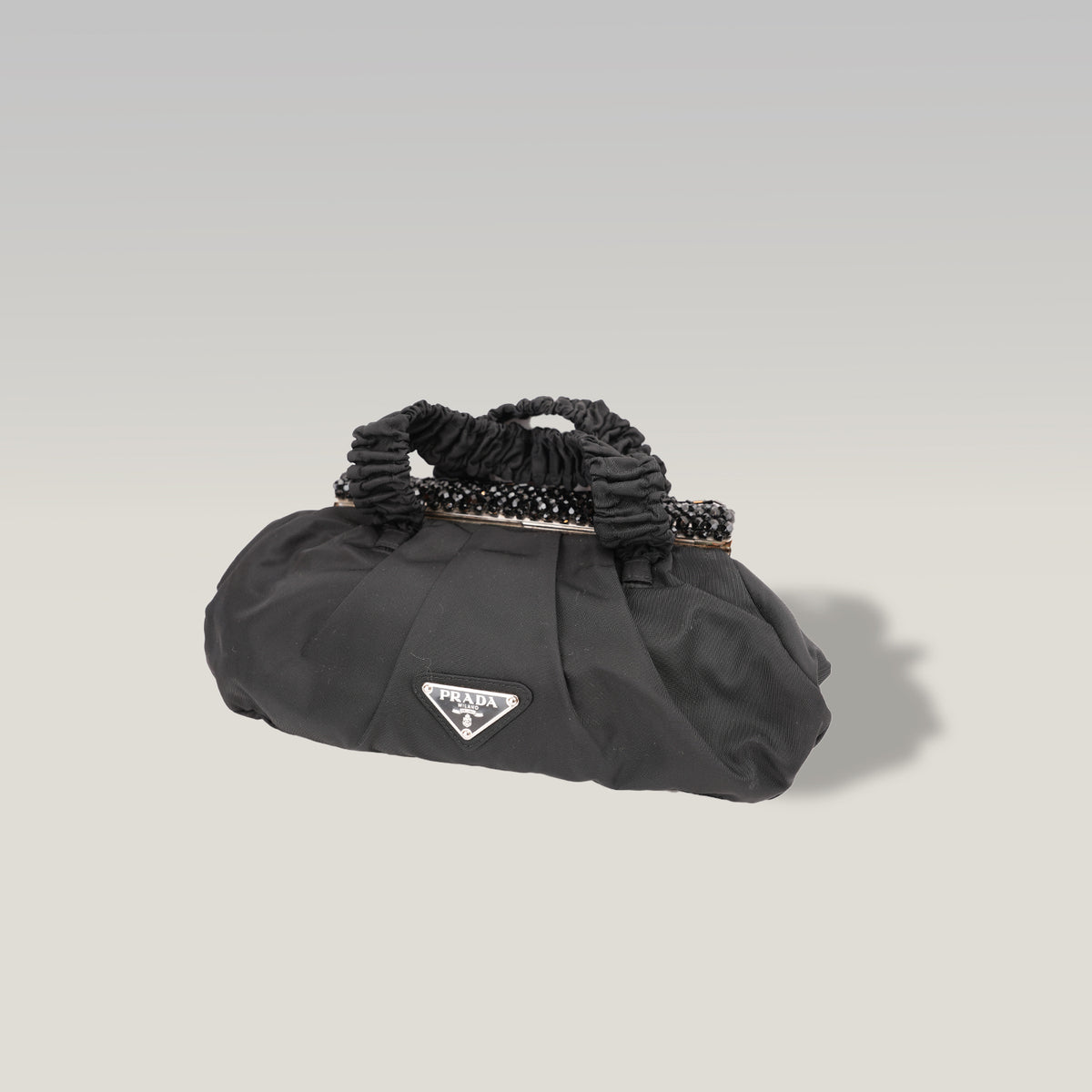 Prada Gaufre Borsa da Sera in Nylon Nero con Cristalli e Manici Arricciati