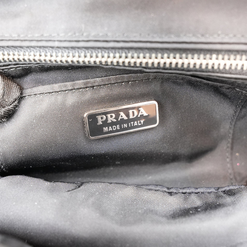 Prada Gaufre Borsa da Sera in Nylon Nero con Cristalli e Manici Arricciati