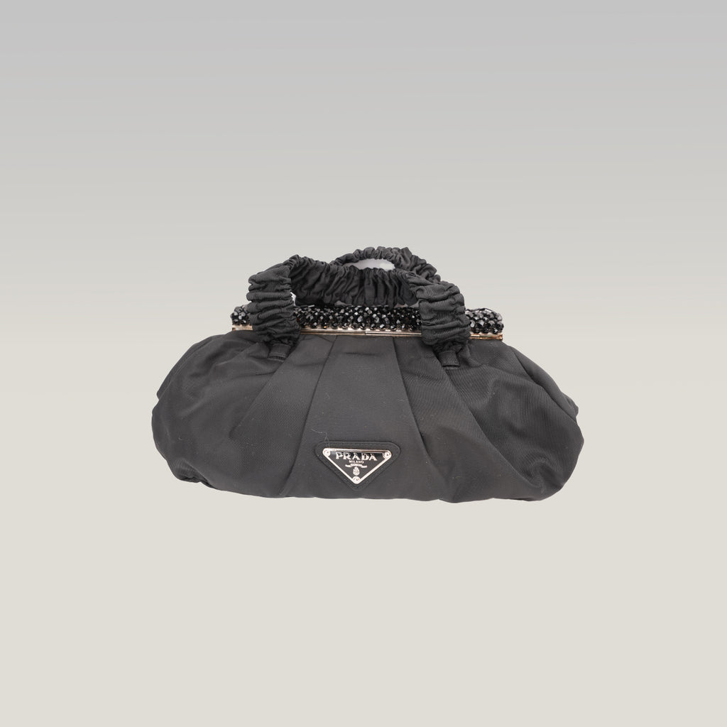 Prada Gaufre Borsa da Sera in Nylon Nero con Cristalli e Manici Arricciati